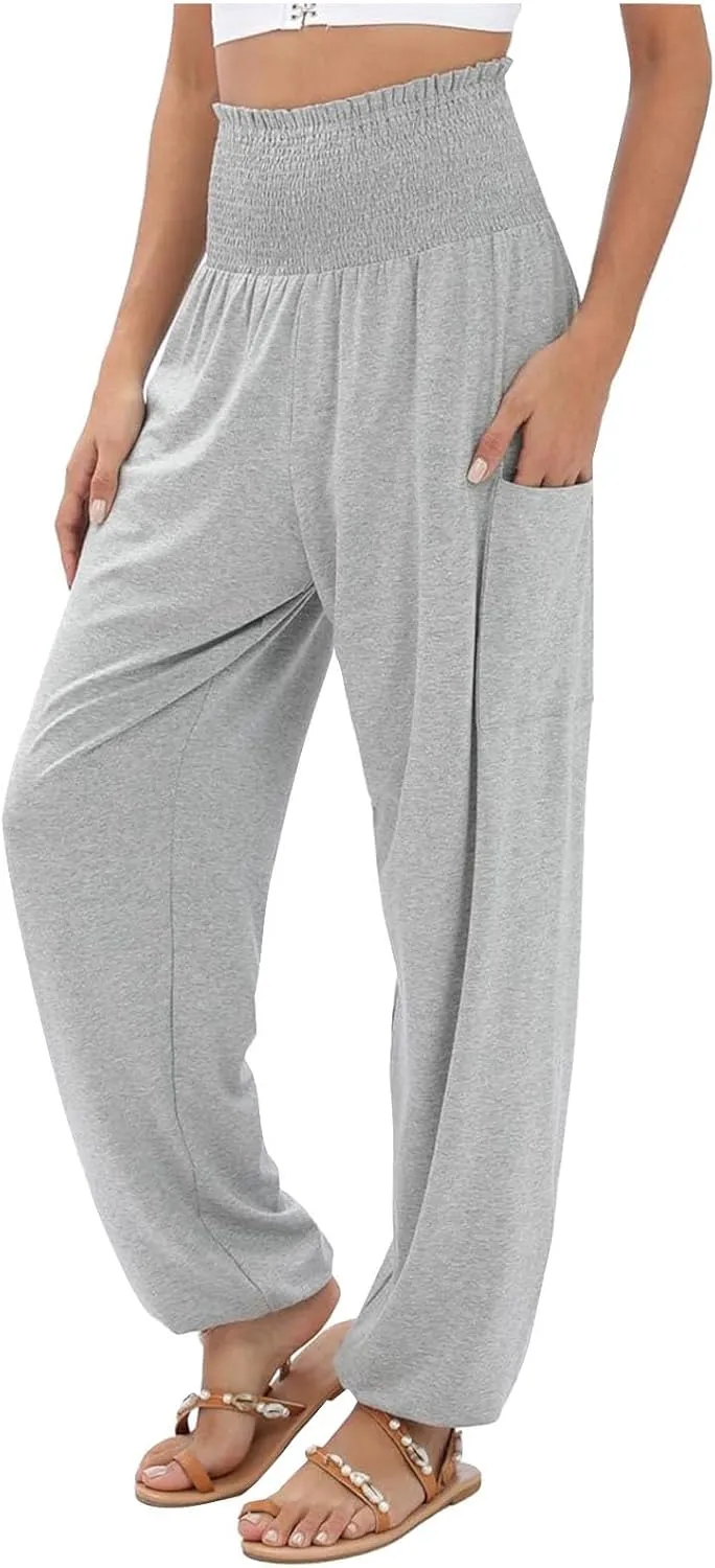 Womens Cotton Linen Summer Drawstring Pants Low Waist Wide Leg Plus Size Palazzo Lounge Pants Travel