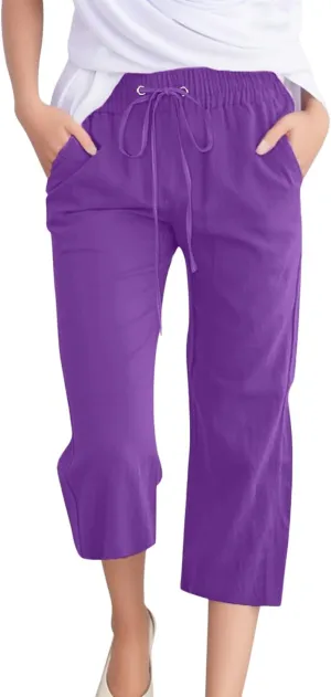 Womens Cotton Linen Summer Loose Flowy Pants Elastic Waisted Lounge Pants Slim-Fit Palazzo Pants Beach