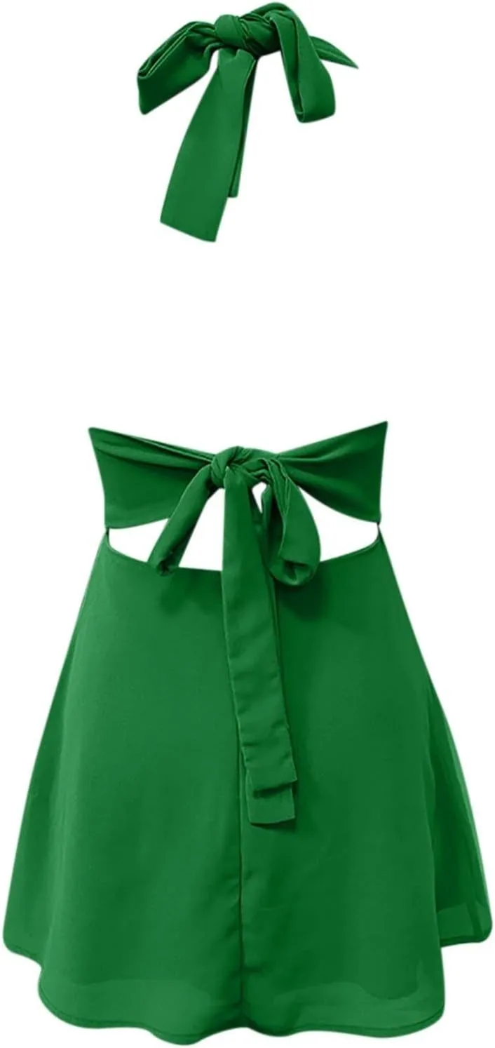 Womens Deep V Mini Dress Bow Tie Sleeveless Backless Ruched Flowy Wrap Ruffle Hem Short Sleeve Loose T Shirt