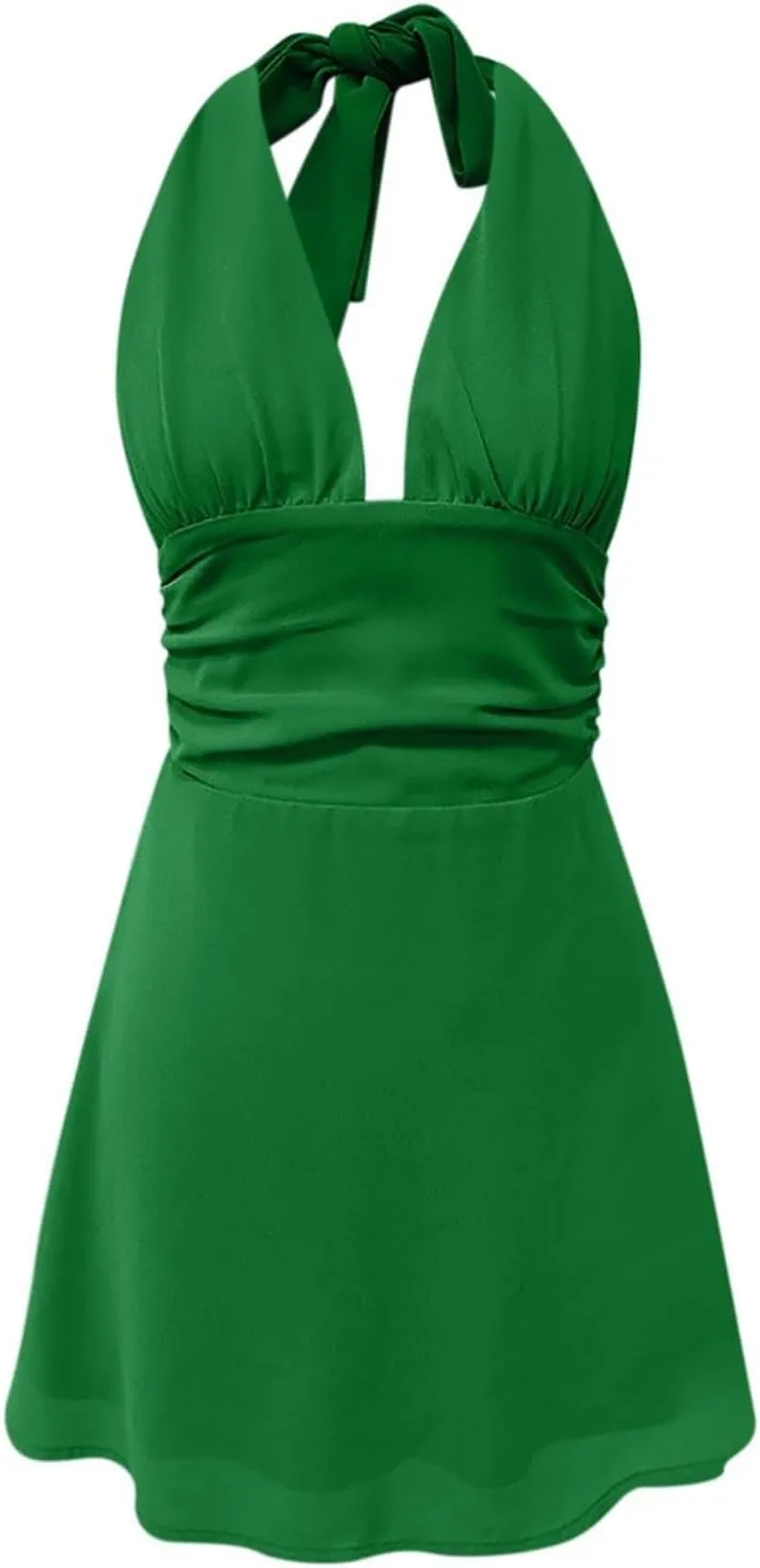 Womens Deep V Mini Dress Bow Tie Sleeveless Backless Ruched Flowy Wrap Ruffle Hem Short Sleeve Loose T Shirt