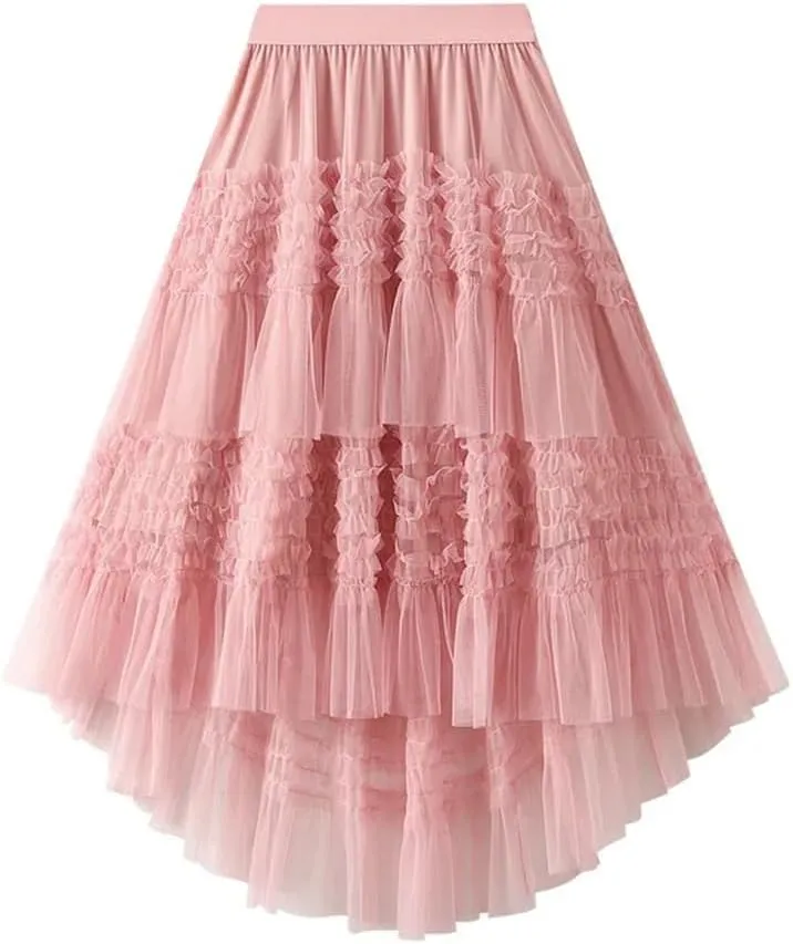 Women's Elastic High Waist Patchwork Mesh Skirt Spring Solid Color Petticoat Tulle Pleated Skirt