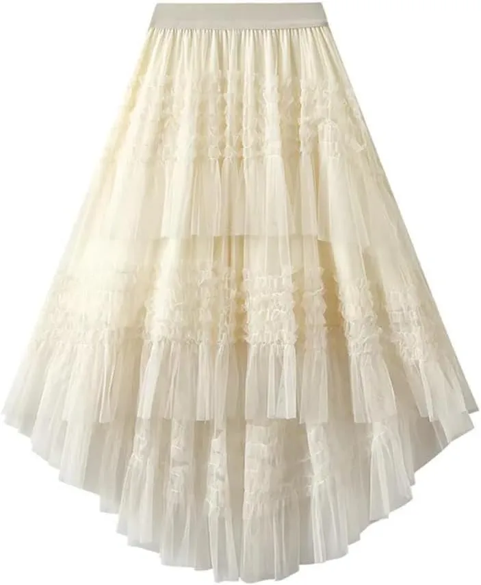 Women's Elastic High Waist Patchwork Mesh Skirt Spring Solid Color Petticoat Tulle Pleated Skirt