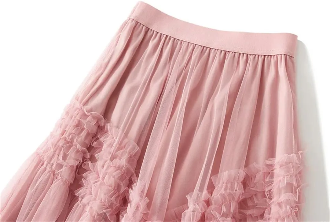 Women's Elastic High Waist Patchwork Mesh Skirt Spring Solid Color Petticoat Tulle Pleated Skirt