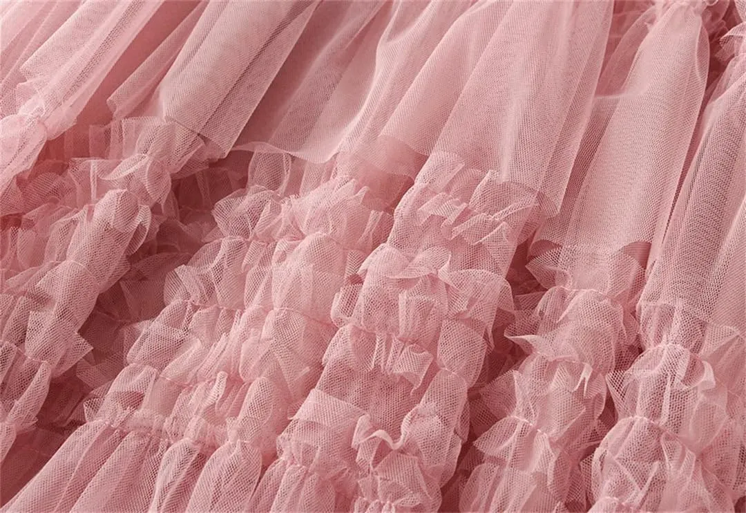 Women's Elastic High Waist Patchwork Mesh Skirt Spring Solid Color Petticoat Tulle Pleated Skirt