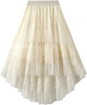 Women's Elastic High Waist Patchwork Mesh Skirt Spring Solid Color Petticoat Tulle Pleated Skirt