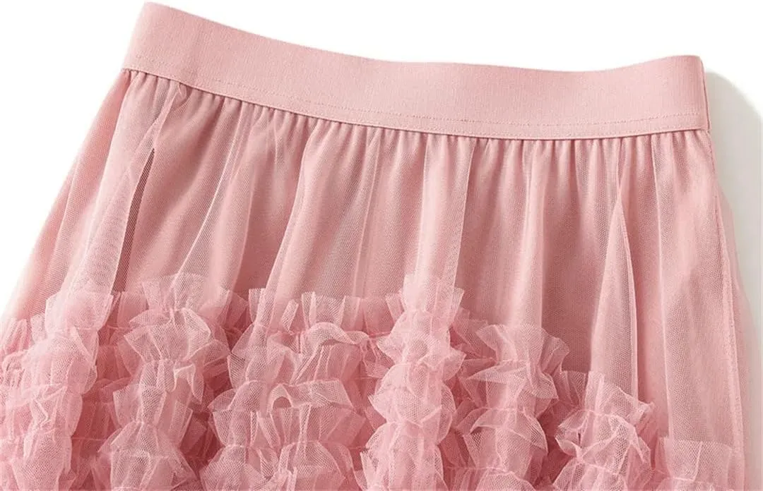 Women's Elastic High Waist Patchwork Mesh Skirt Spring Solid Color Petticoat Tulle Pleated Skirt