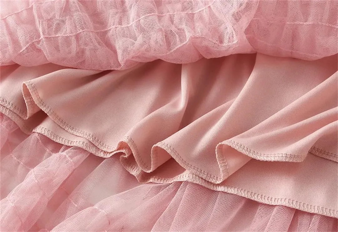 Women's Elastic High Waist Patchwork Mesh Skirt Spring Solid Color Petticoat Tulle Pleated Skirt