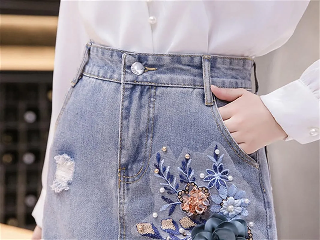 Women's Embroidered Denim Skirt Ripped High Waisted Irregular Hem Tassels Mini Skirts