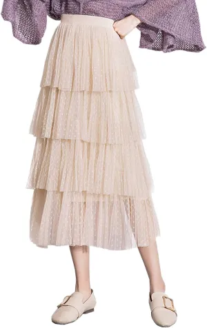 Women's High Waist Pleated Layer Skirts Midi A Line Skirt