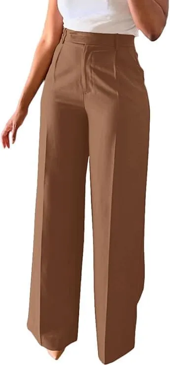 Women's High-Waist Straight Leg Suit Pants Business Work Wide Leg Button-Down Pant Office Elastic Sports Trousers
