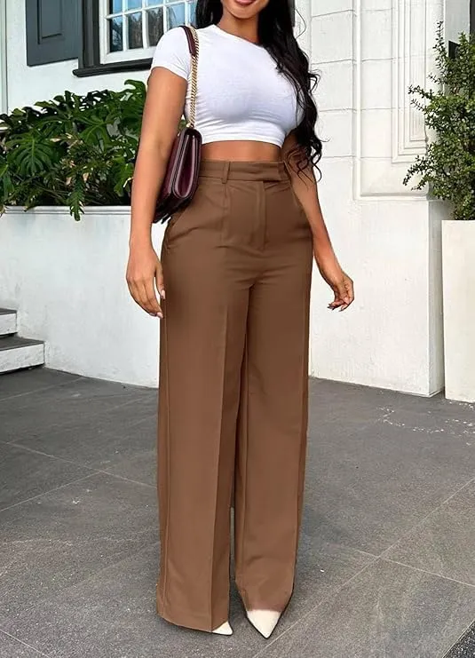 Women's High-Waist Straight Leg Suit Pants Business Work Wide Leg Button-Down Pant Office Elastic Sports Trousers