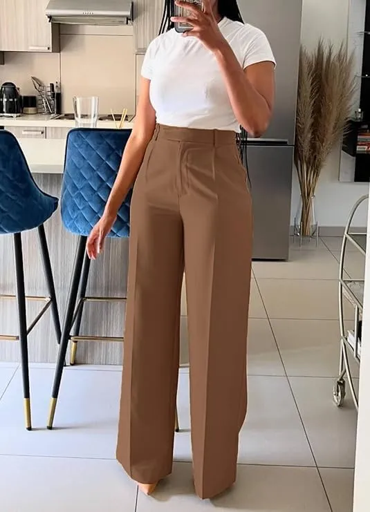 Women's High-Waist Straight Leg Suit Pants Business Work Wide Leg Button-Down Pant Office Elastic Sports Trousers