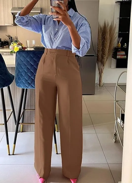Women's High-Waist Straight Leg Suit Pants Business Work Wide Leg Button-Down Pant Office Elastic Sports Trousers