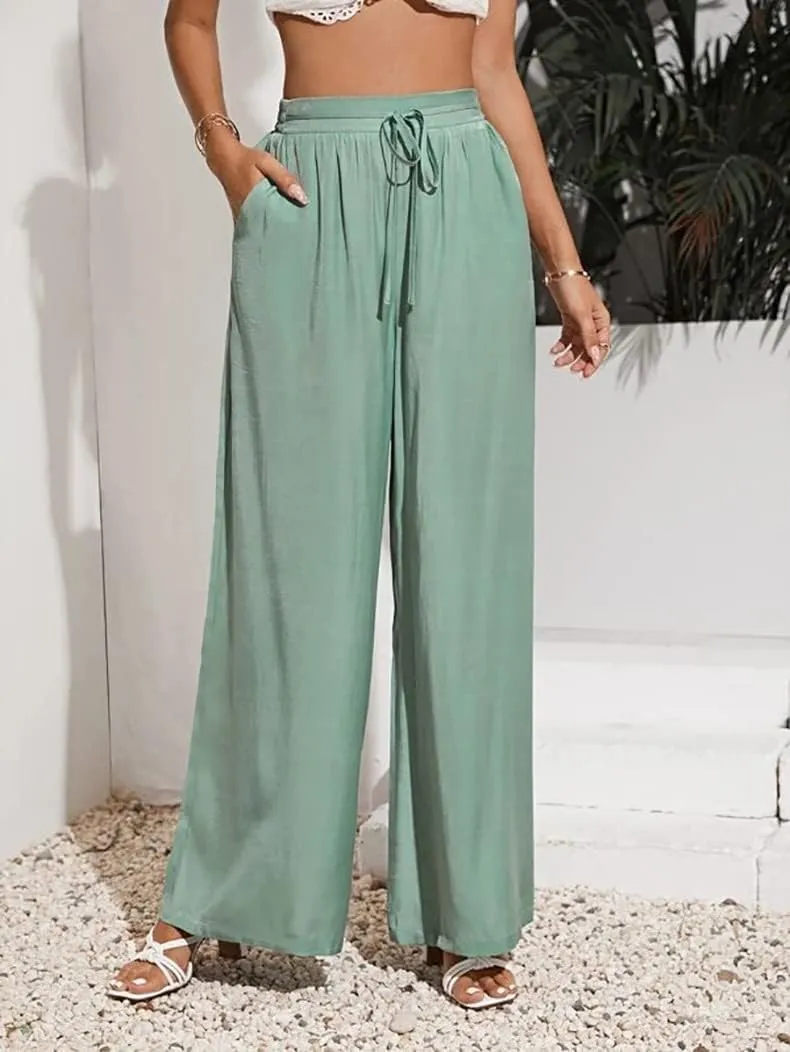 Women's High Waisted Casual Pants Solid Color Elastic Waist Lace Up Wide-Leg Pant Business Leisure Work Trousers