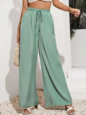Women's High Waisted Casual Pants Solid Color Elastic Waist Lace Up Wide-Leg Pant Business Leisure Work Trousers
