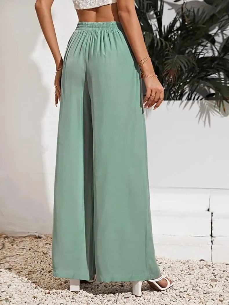 Women's High Waisted Casual Pants Solid Color Elastic Waist Lace Up Wide-Leg Pant Business Leisure Work Trousers