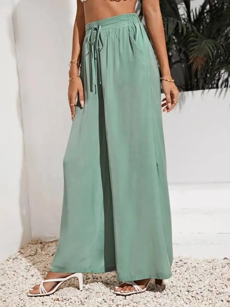 Women's High Waisted Casual Pants Solid Color Elastic Waist Lace Up Wide-Leg Pant Business Leisure Work Trousers