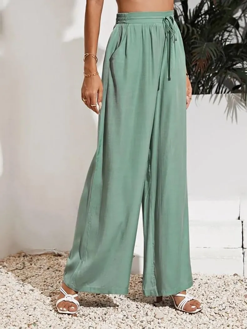 Women's High Waisted Casual Pants Solid Color Elastic Waist Lace Up Wide-Leg Pant Business Leisure Work Trousers