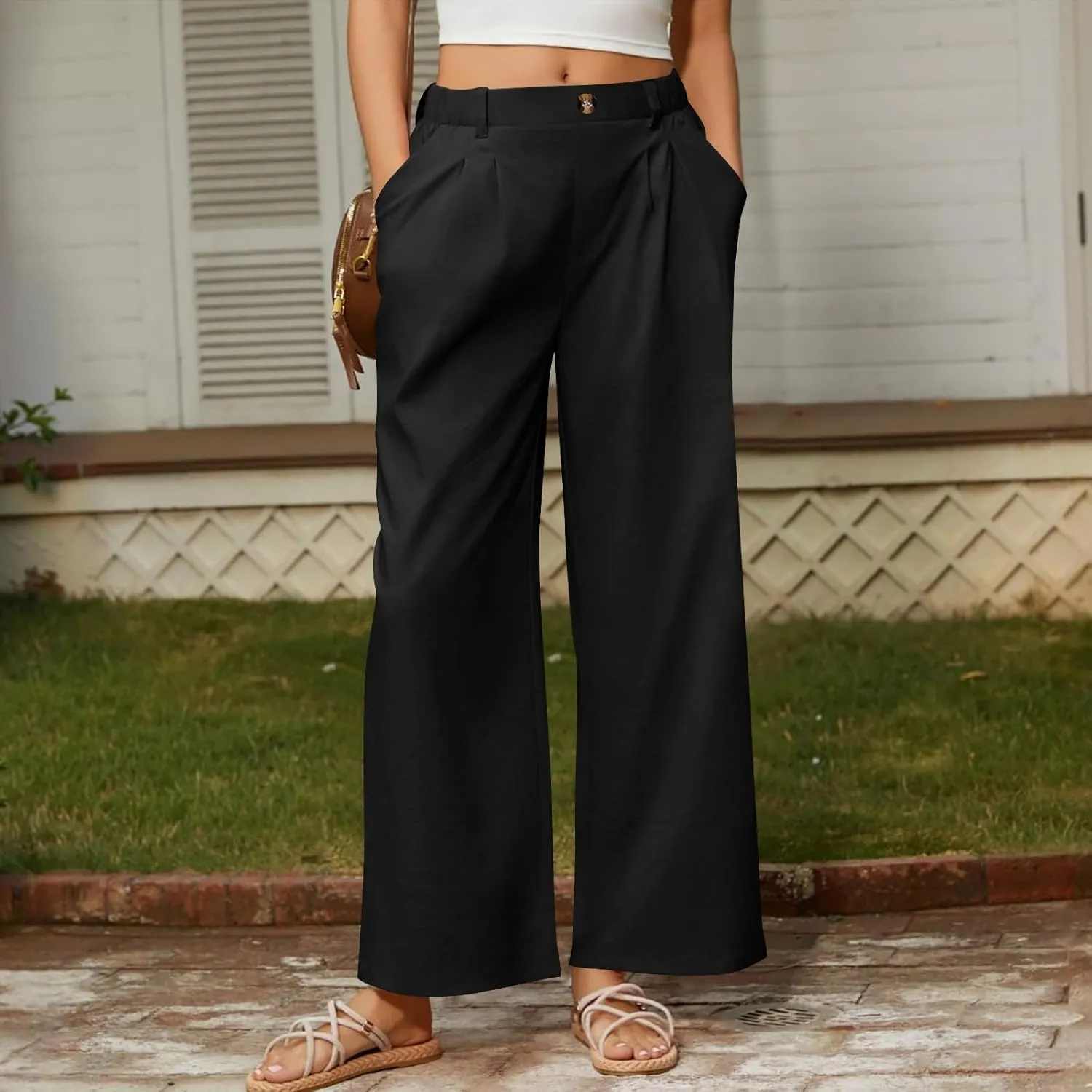 Women's High Waisted Cotton Linen Pants Wide Leg Dress Pants Palazzo Trousers Business Casual Work Pants with Pockets