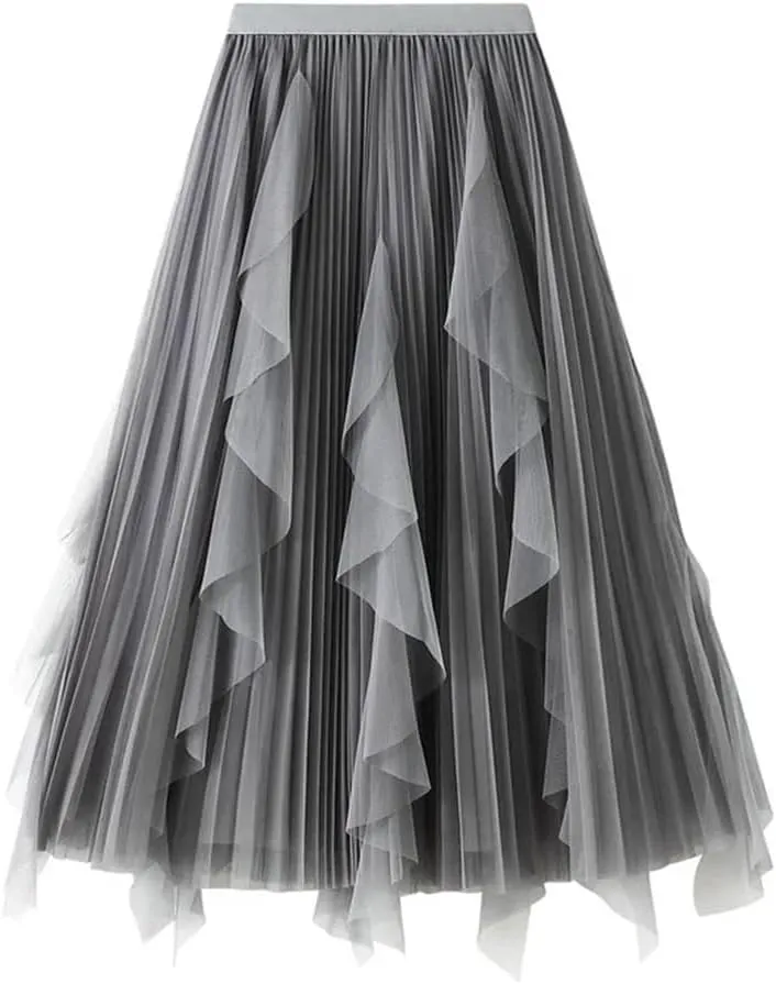 Women's High Waisted Ruffle Patchwork Gauze Skirt Mid-Length Pleated A-Line Midi Skirt