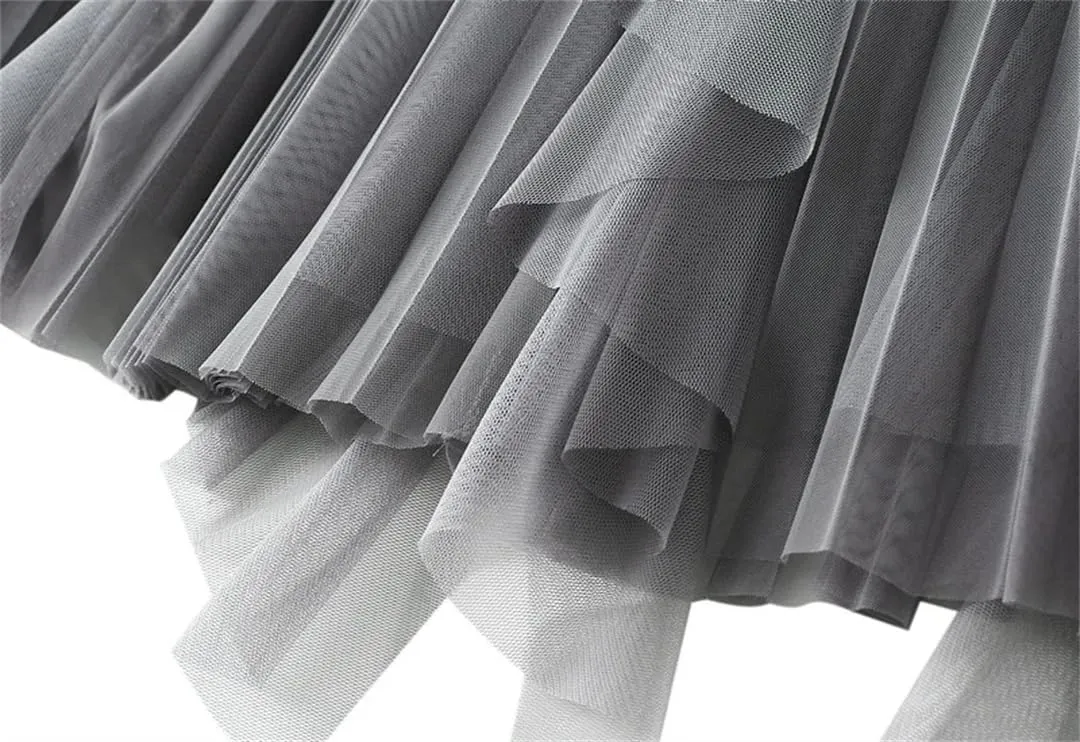 Women's High Waisted Ruffle Patchwork Gauze Skirt Mid-Length Pleated A-Line Midi Skirt