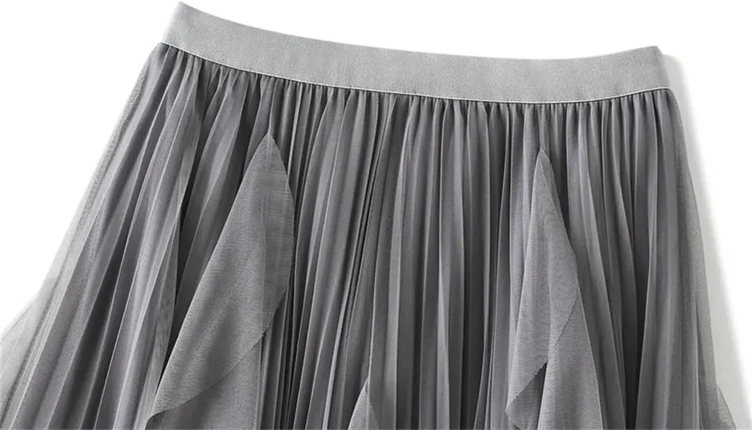 Women's High Waisted Ruffle Patchwork Gauze Skirt Mid-Length Pleated A-Line Midi Skirt