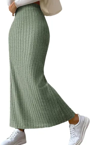 Women's High Waisted Side Slit Pencil Maxi Skirt Ribbed Knit Bodycon Split Long Skirts