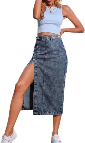 Women's High Waisted Slit Denim Skirts Casual Button Up Long Skirt Trendy Slim Fit Midi Pencil Skirt for Work Party