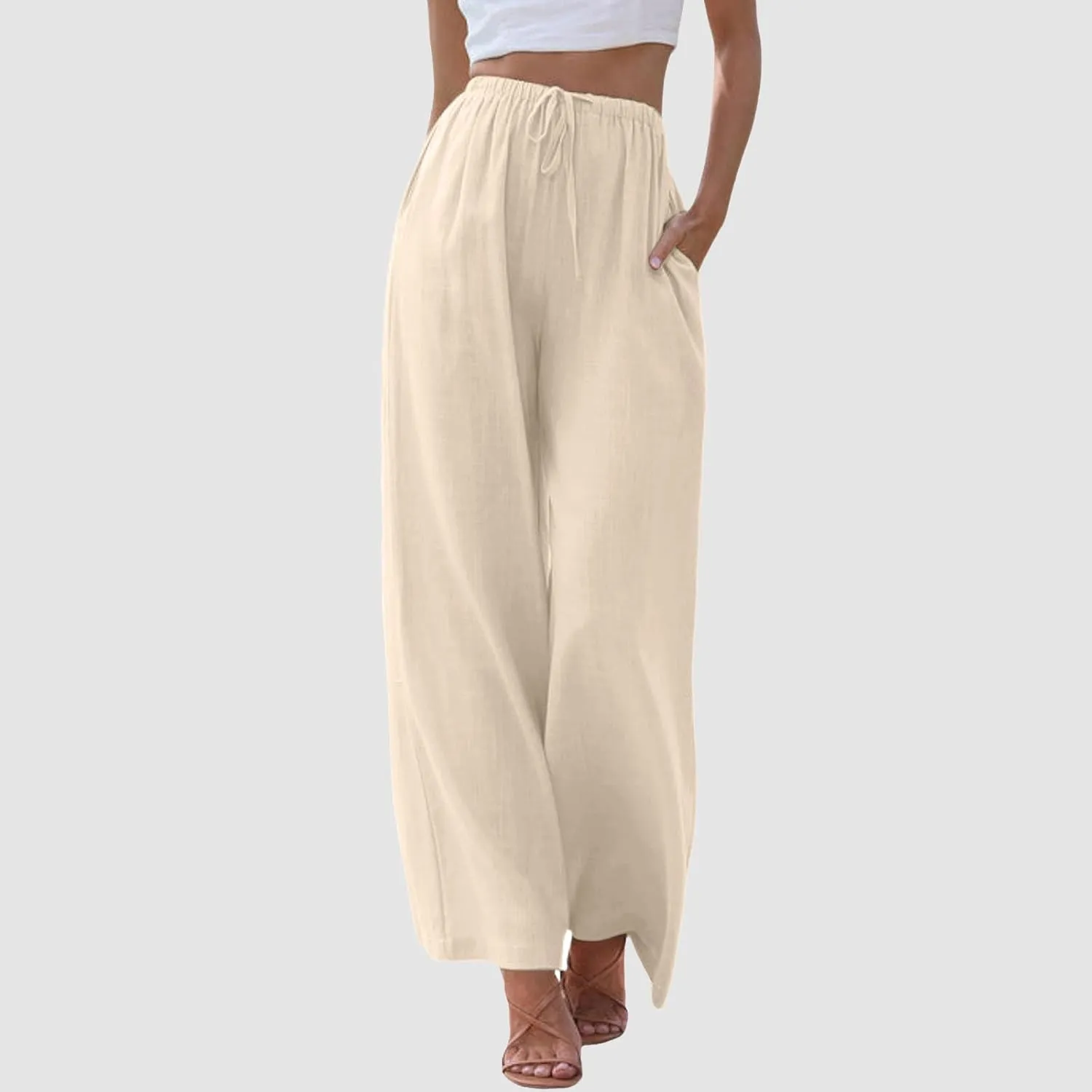 Women's High Waisted Wide Leg Pants with Elastic Waistband Loose Fit Lightweight Drawstring Yoga Pants for Women