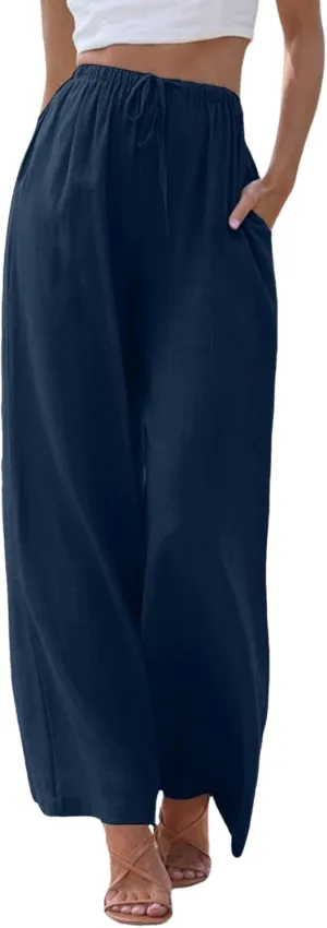Women's High Waisted Wide Leg Pants with Elastic Waistband Loose Fit Lightweight Drawstring Yoga Pants for Women