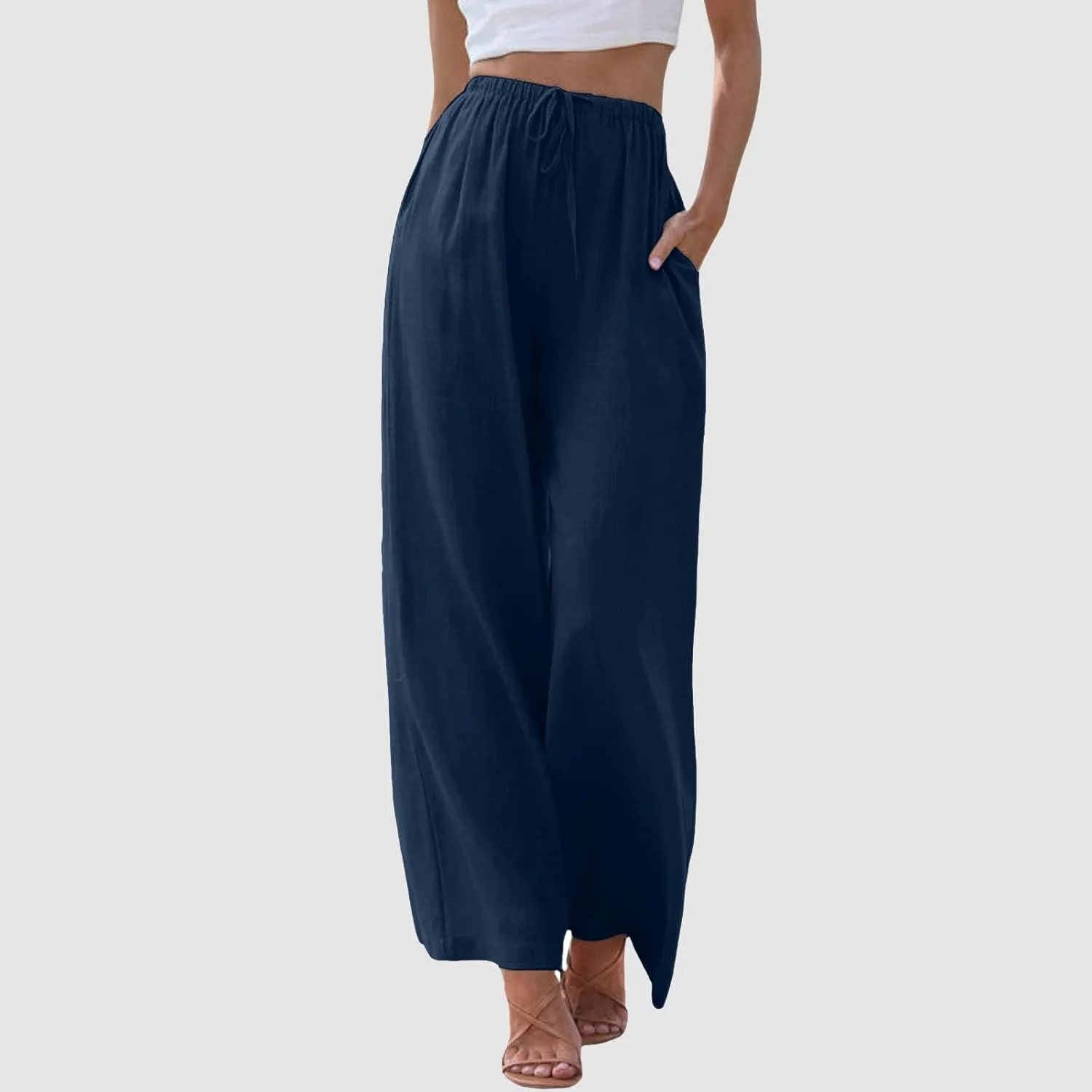 Women's High Waisted Wide Leg Pants with Elastic Waistband Loose Fit Lightweight Drawstring Yoga Pants for Women