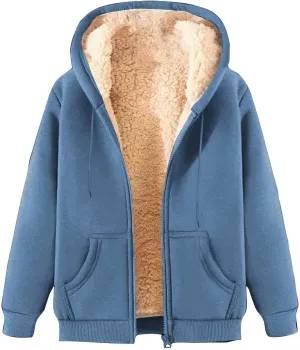 Womens Hoodies Sherpa Lined Fleece Thermal Jacket Full Zip Drawstring Hooded Outwear Winter Warm Casual Thick Coats