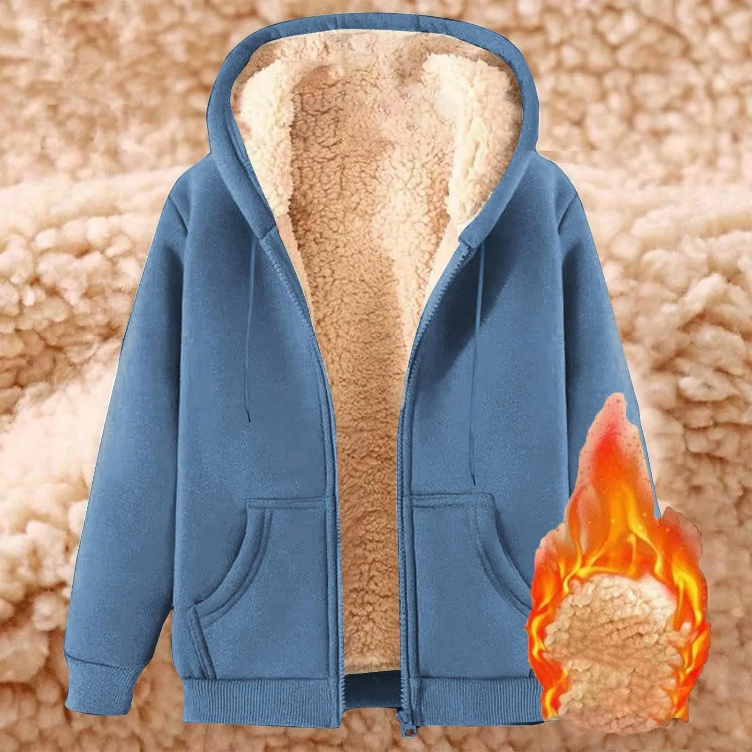 Womens Hoodies Sherpa Lined Fleece Thermal Jacket Full Zip Drawstring Hooded Outwear Winter Warm Casual Thick Coats