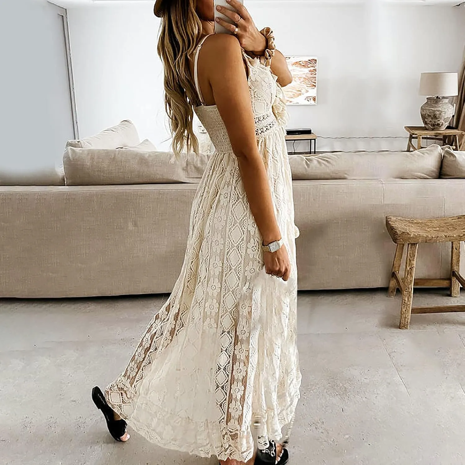 Women's Lace Maxi Dress Boho V Neck Sleeveless Flowy A Line Long Summer Beach Sundress Elegant Party Dresses