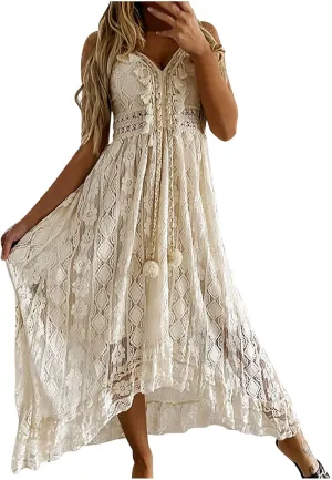 Women's Lace Maxi Dress Boho V Neck Sleeveless Flowy A Line Long Summer Beach Sundress Elegant Party Dresses