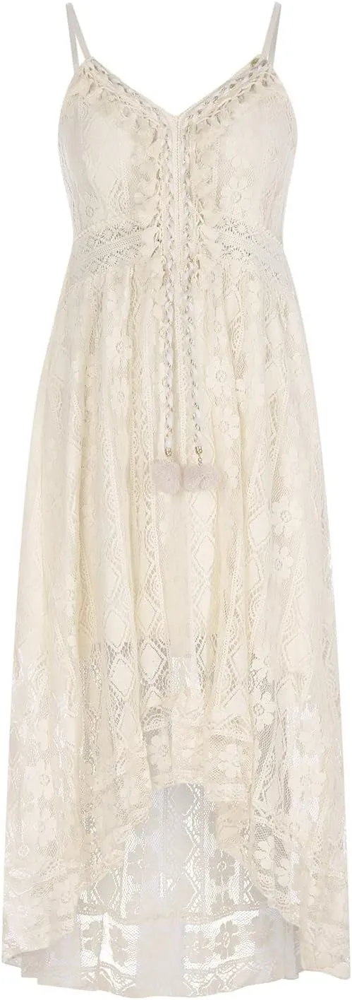 Women's Lace Maxi Dress Boho V Neck Sleeveless Flowy A Line Long Summer Beach Sundress Elegant Party Dresses
