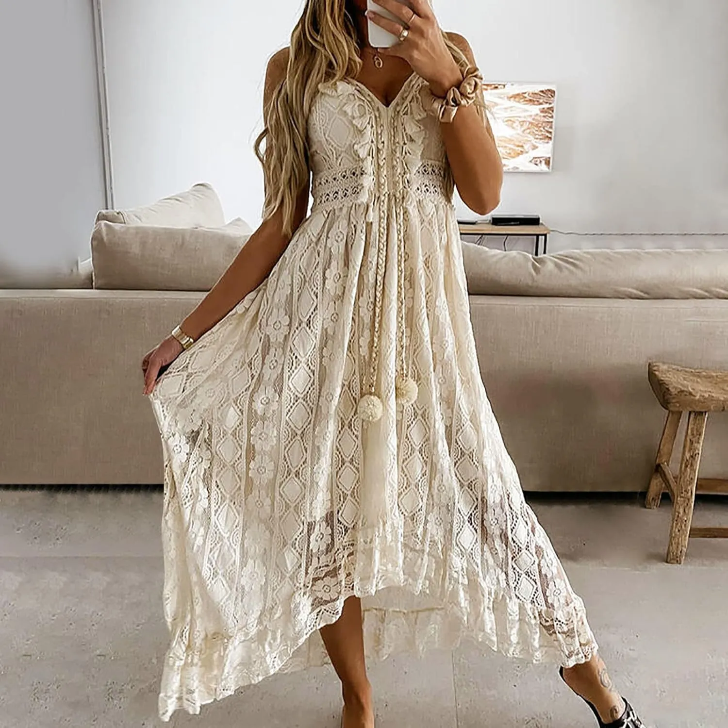 Women's Lace Maxi Dress Boho V Neck Sleeveless Flowy A Line Long Summer Beach Sundress Elegant Party Dresses