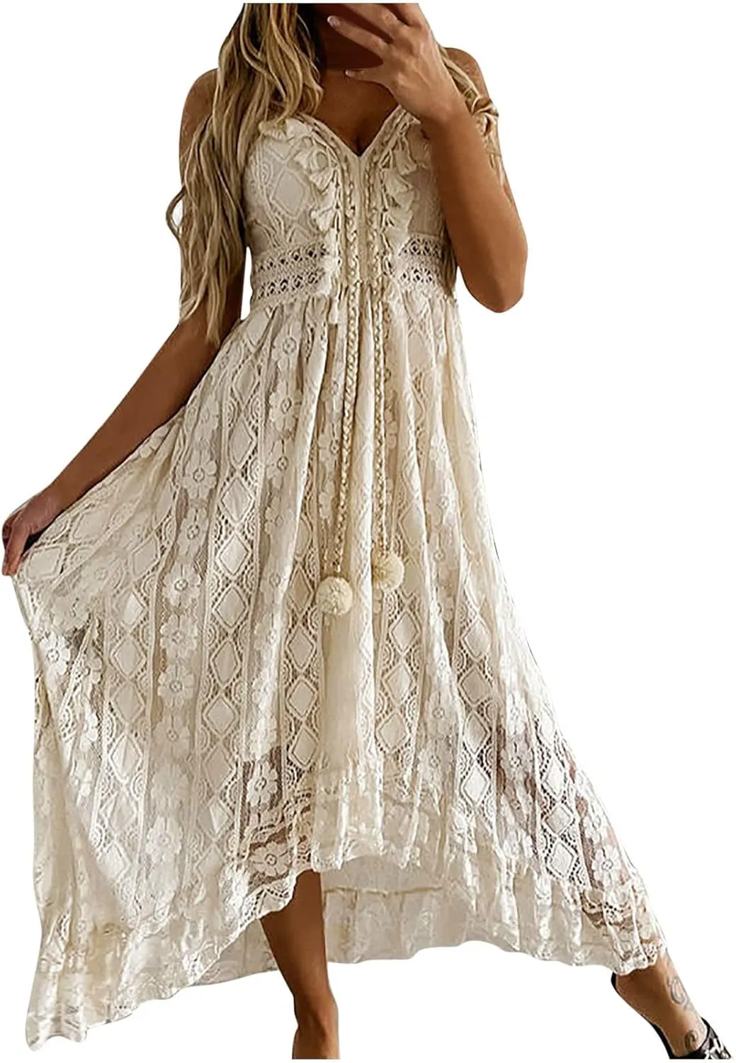 Women's Lace Maxi Dress Boho V Neck Sleeveless Flowy A Line Long Summer Beach Sundress Elegant Party Dresses