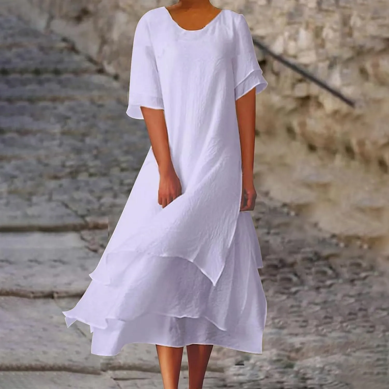 Women's Linen Dresses Layered Short Sleeve Crew Neck Dresses Loose Fit Long Dresses Summer Irregular Flowy Boho Dress