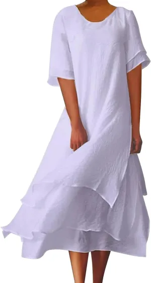 Women's Linen Dresses Layered Short Sleeve Crew Neck Dresses Loose Fit Long Dresses Summer Irregular Flowy Boho Dress