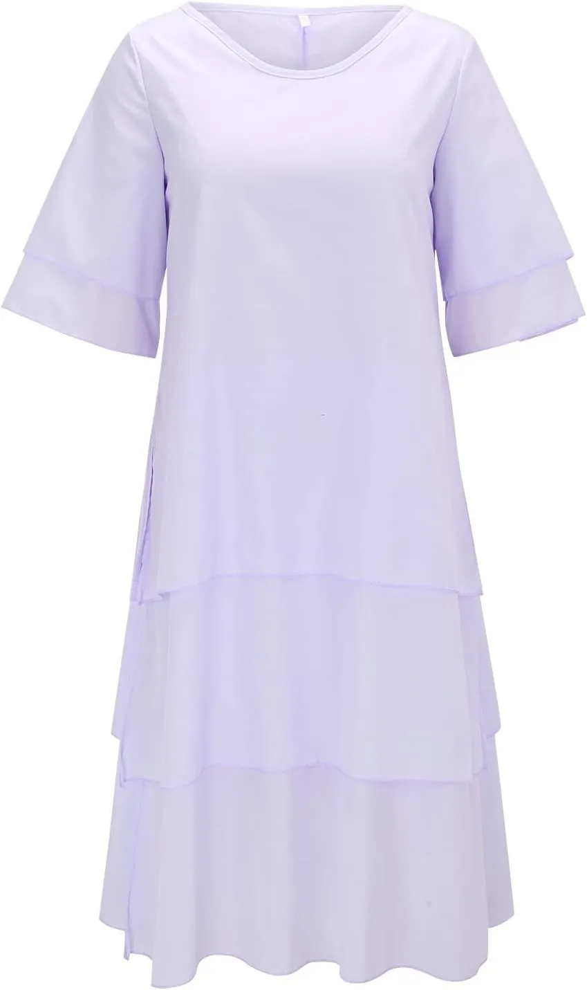 Women's Linen Dresses Layered Short Sleeve Crew Neck Dresses Loose Fit Long Dresses Summer Irregular Flowy Boho Dress