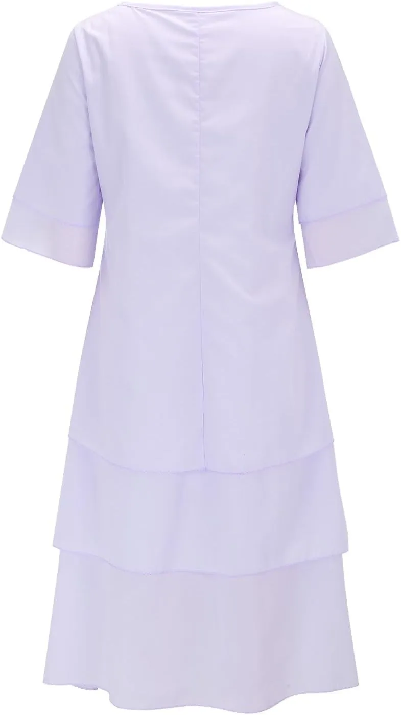 Women's Linen Dresses Layered Short Sleeve Crew Neck Dresses Loose Fit Long Dresses Summer Irregular Flowy Boho Dress