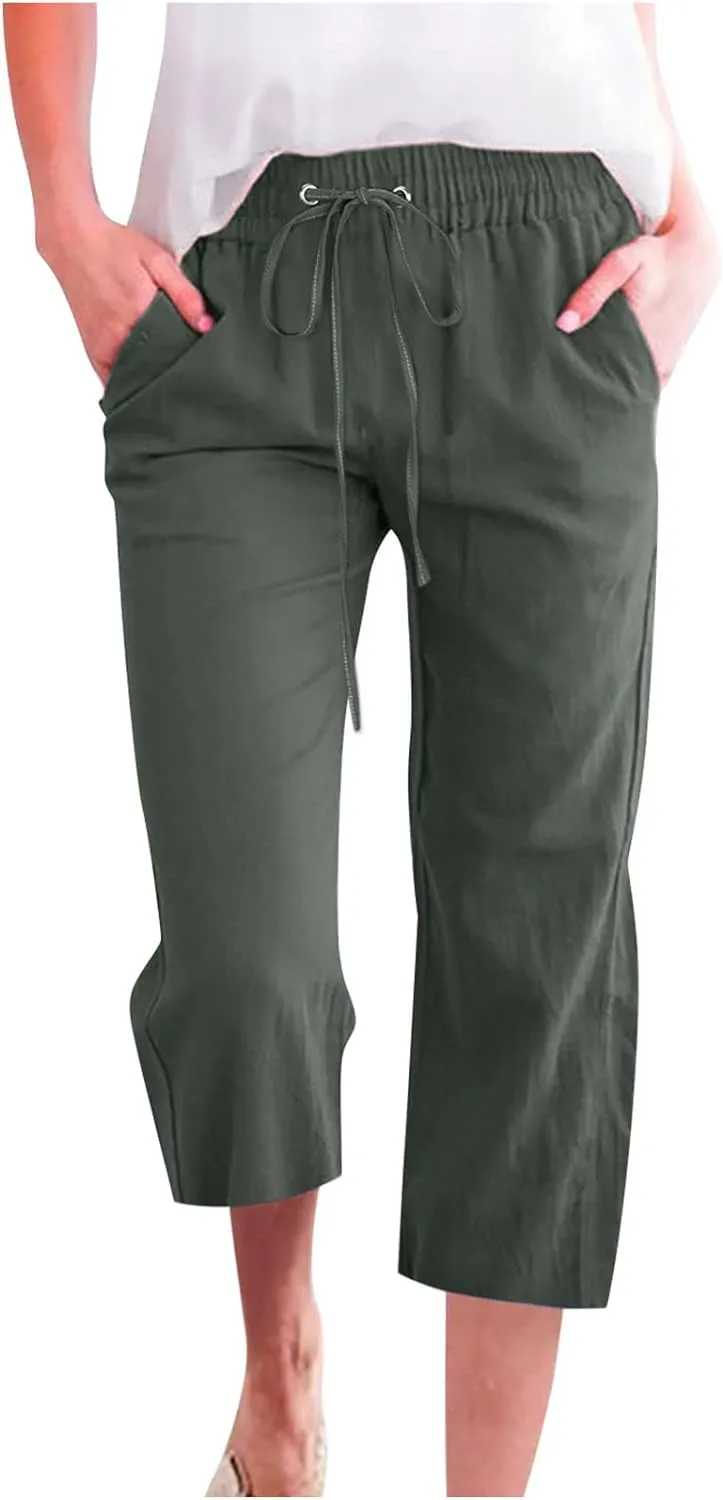 Women's Linen Pants Casual Summer Capris Loose Fit Lightweight Drawstring Waisted Cropped Pants with Pockets