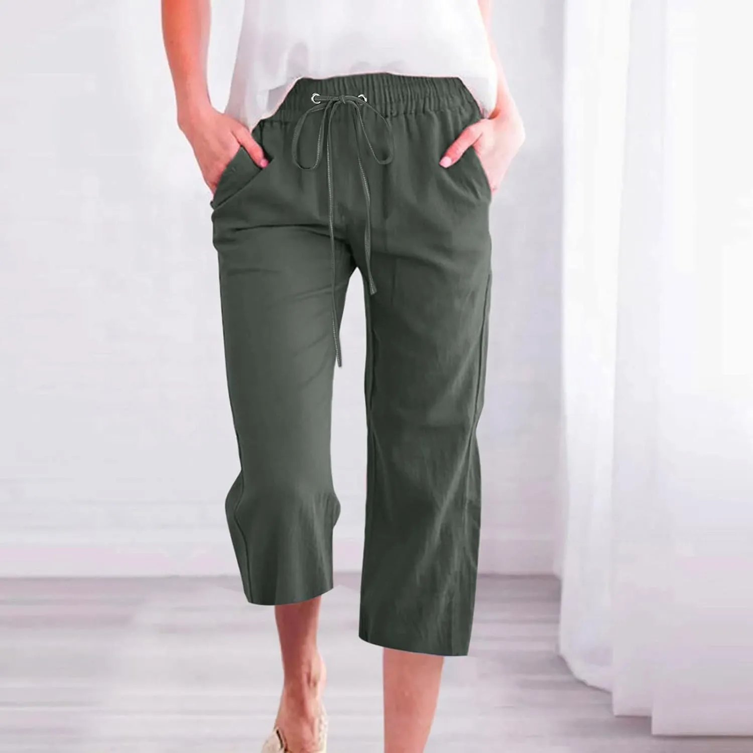 Women's Linen Pants Casual Summer Capris Loose Fit Lightweight Drawstring Waisted Cropped Pants with Pockets