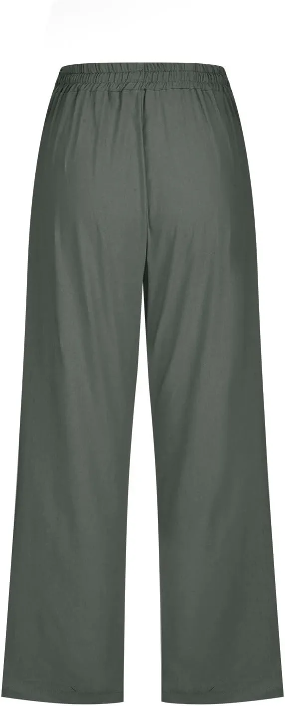 Women's Linen Pants Casual Summer Capris Loose Fit Lightweight Drawstring Waisted Cropped Pants with Pockets