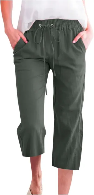 Women's Linen Pants Casual Summer Capris Loose Fit Lightweight Drawstring Waisted Cropped Pants with Pockets