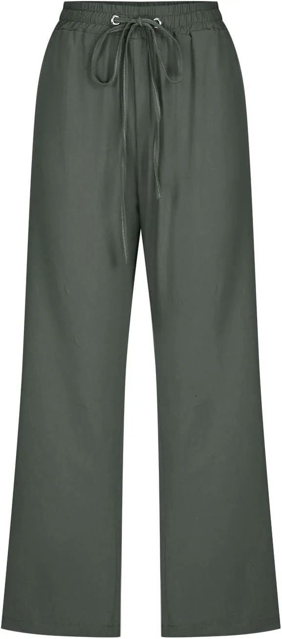 Women's Linen Pants Casual Summer Capris Loose Fit Lightweight Drawstring Waisted Cropped Pants with Pockets