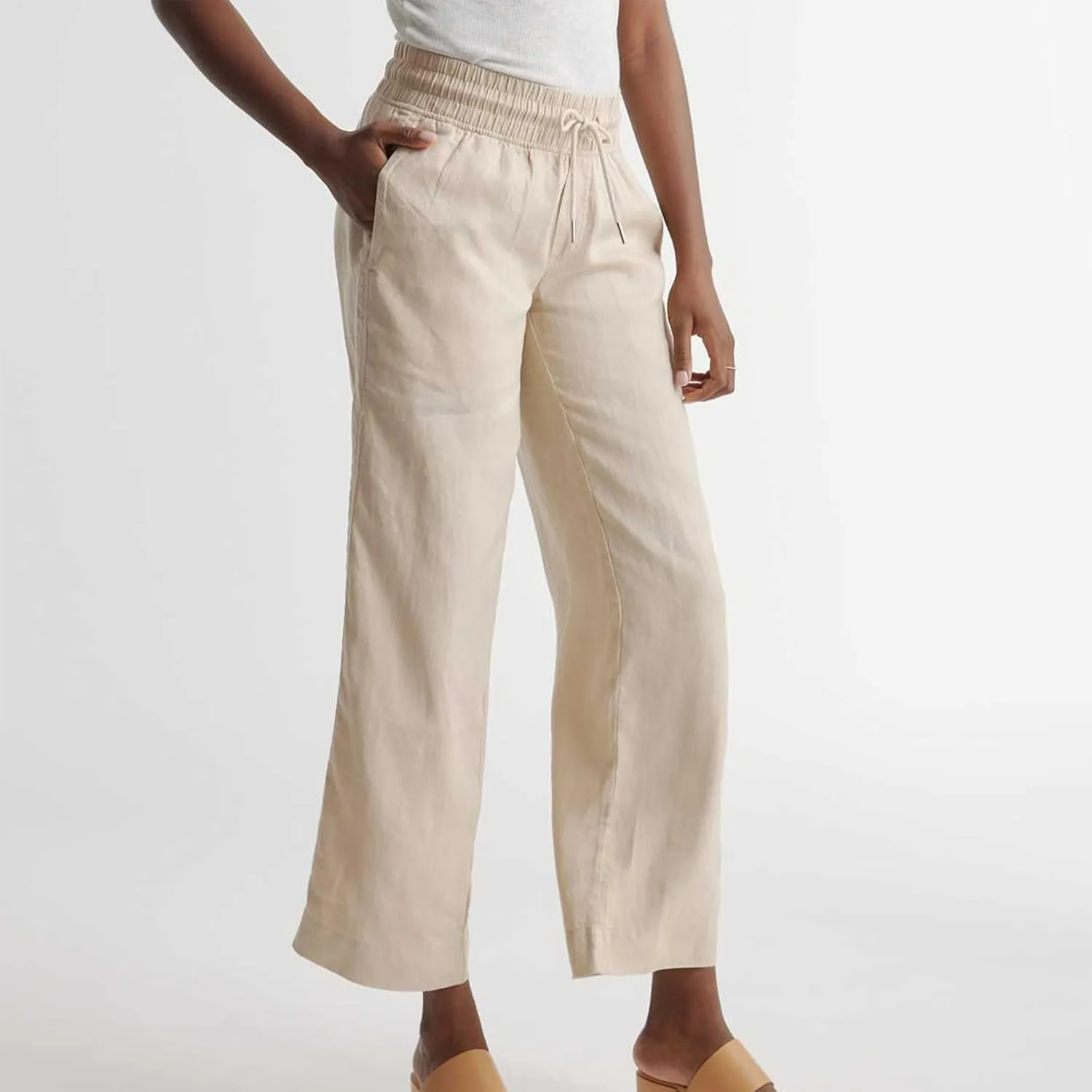 Womens Linen Pants Wide Leg Drawstring High Waisted Summer Pant Beach Clothes Lounge Loose Trousers with Pockets