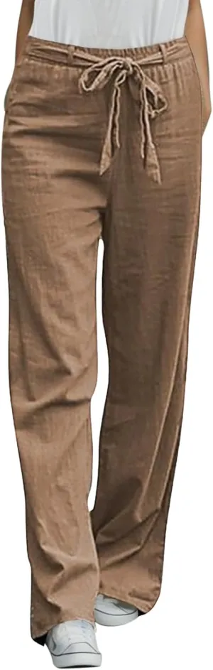 Women's Linen Summer Split Flowy Palazzo Pants Elastic Waist Long Lounge Slim-Fit Palazzo Pants Vacation