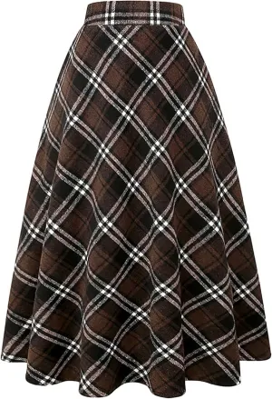 Women's Long Plaid Wool Skirt Fall Winter High Waist A-line Pleated Wool Tartan Skirts